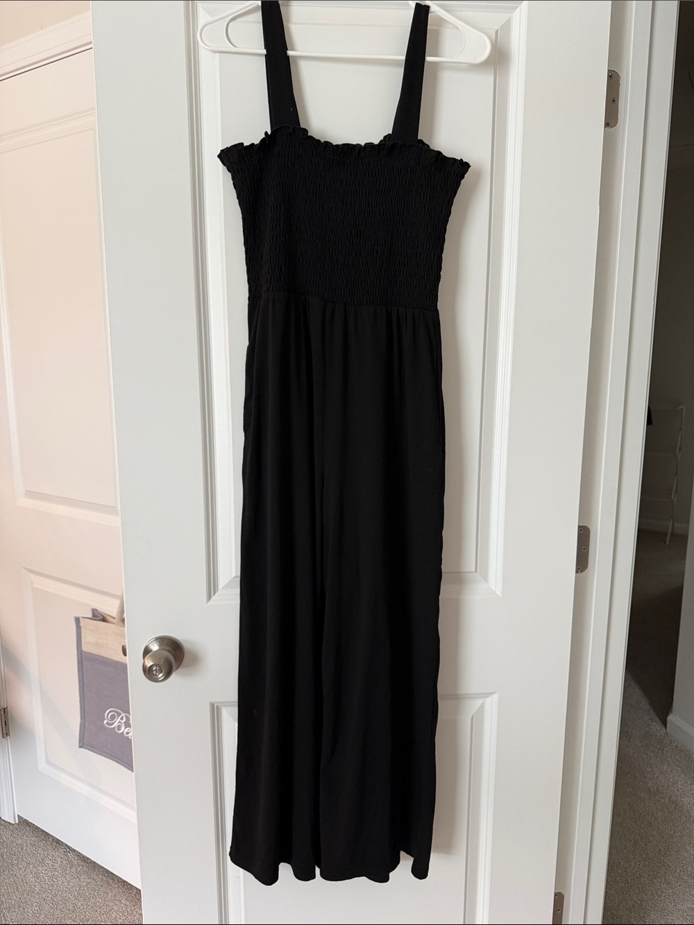 Black Smocked Strap Jumpsuit
